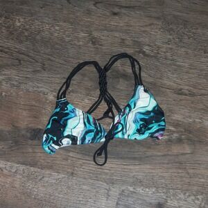 PINK Triangle Bikini Top Braided Straps Blue Marble Print Swimwear‎